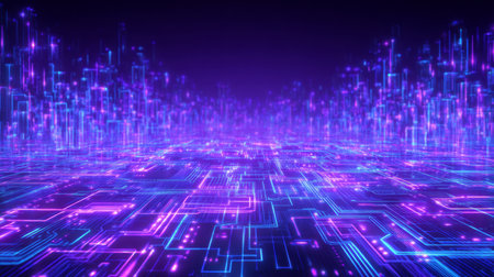 digital data grid style, bright neon lines forming infinite circuit board stretching into darkness, glowing in purple and cyan. Generative AIの素材