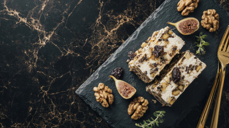 halva slices served with walnuts and figs on modern slate plate with golden fork. Generativeの素材