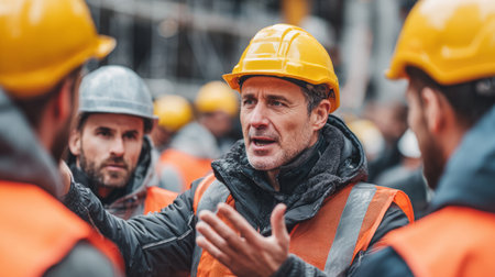 Construction supervisor giving instructions, group dynamics in busy environment. Generativeの素材