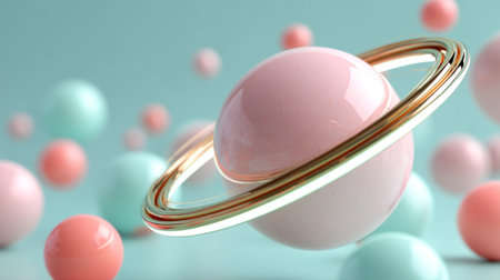 spheres floating in a light teal background with soft glowing ring. Generative AIの素材