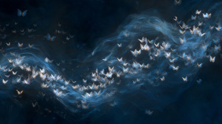 Digital butterfly cloud, floating butterflies forming wave patterns in midair. Generativeの素材