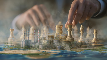 economic chessboard with miniature factories, coins, and tariff signs being moved as game pieces by giant hands. Generative AIの素材