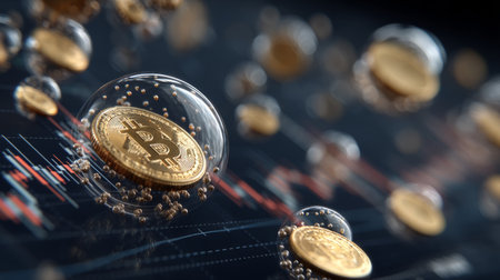 Bitcoin coins encapsulated within bubbles, drifting upward through financial graphs. Generative AIの素材