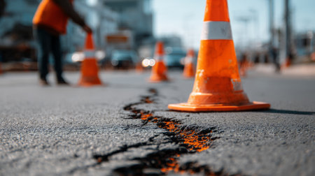 construction worker repairing asphalt under traffic cones. Generative AIの素材
