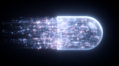 particles escaping capsule like data streams, smooth white tones. Generativeの素材