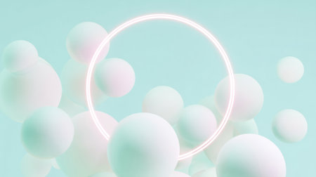 spheres floating in a light teal background with soft glowing ring. Generative AIの素材
