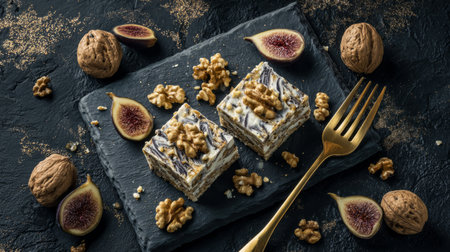 halva slices served with walnuts and figs on modern slate plate with golden fork. Generativeの素材
