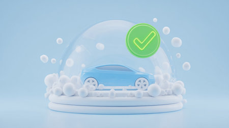 family car under dome surrounded by safe zone indicators, bright insurance checkmark floating above. Generative AIの素材