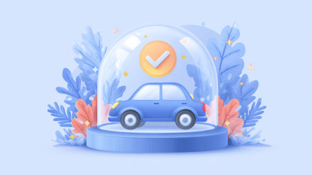 family car under dome surrounded by safe zone indicators, bright insurance checkmark floating above. Generative AIの素材