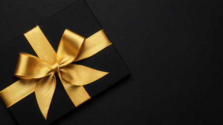Flat lay with wrapped gift, gold ribbon on black silk in retrofuturistic style. Generative AIの素材