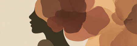 female silhouette blending with oversized flower petals, soft shadows and warm earthy tones. Generative AIの素材
