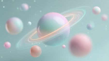 spheres floating in a light teal background with soft glowing ring. Generative AIの素材
