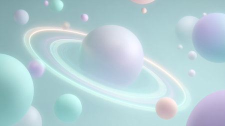 spheres floating in a light teal background with soft glowing ring. Generative AIの素材