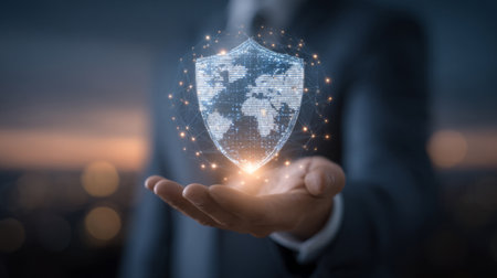 dark background with businessman open palm, hovering 3D shield and globe grid. Generative AIの素材