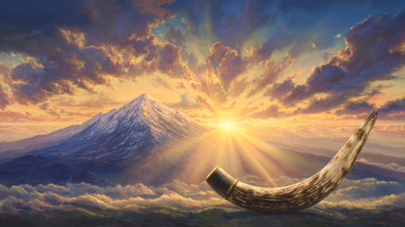 rising sun over mountain with shofar on peak, radiating light of renewal and clarity. Generative AIの素材