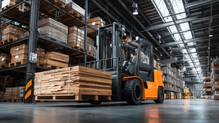 Forklift moving lumber in a spacious warehouse. Generative AIの素材