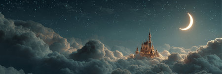 Floating kingdom hidden in moonlit clouds sparkling with stars. Generative AIの素材