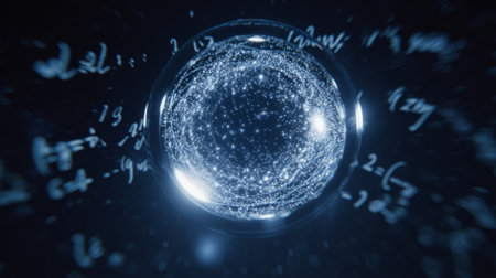 AI core floating inside glass sphere, surrounded by orbiting light particles and math equations. Generative AIの素材