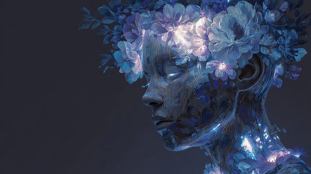 glowing inner light, abstract human head with blooming flowers symbolizing healing. Generative AIの素材