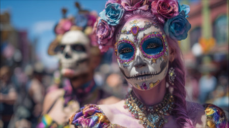 bright noon light, dancers in skull makeup and colorful costumes walking through the streets. Generative AIの素材