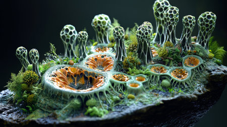 Futuristic microbiology sample teeming with diverse alien cells. Generative AIの素材