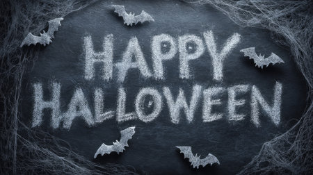 Happy Halloween Chalkboard Lettering with Bats and Webs. Generative AIの素材