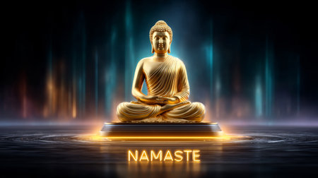 golden Buddha statue in a calm pose with the text Namaste. Generative AIの素材