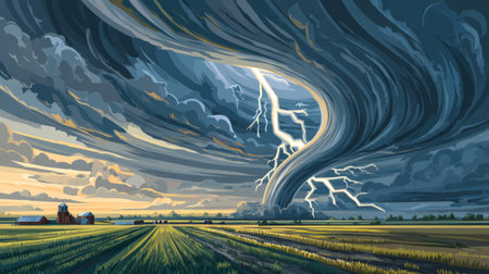 dark storm lighting, massive tornado touching down on flat farmland with lightning bolts striking nearby. Generative AIの素材