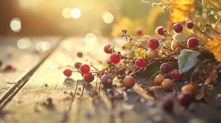 Autumn Berries on Rustic Wooden Table in Warm Light. Generativeの素材
