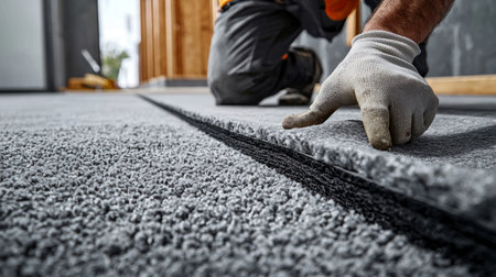 close-up of a construction worker installing a soft, gray carpet in a modern home, highlighting renovation, flooring, and home improvement. Generative AIの素材