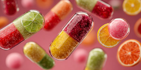 Fruity Vitamin Capsules with Citrus. Generative AIの素材