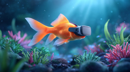 goldfish wearing VR goggles, experiencing a virtual ocean environment. Generative AIの素材