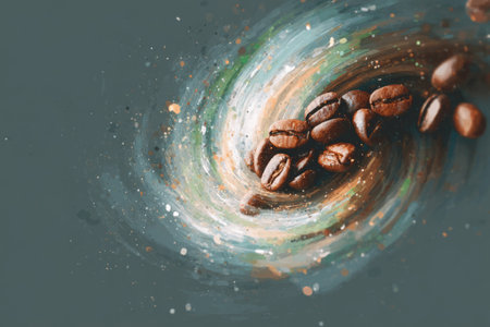 Floating roasted beans in a vortex spiral. Generative AIの素材