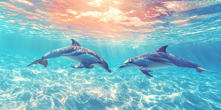 dolphins swimming freely in clear water, clean environment concept. Generative AIの素材