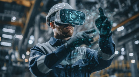 Engineer using augmented reality goggles to troubleshoot factory equipment. Generative AIの素材
