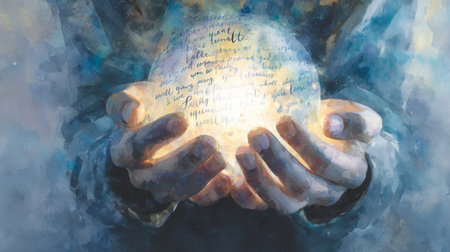 hands gently holding a small glowing orb of light surrounded by affirmations. Generative AIの素材
