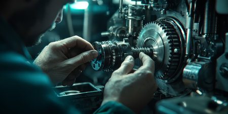 Repairman tightening bolts on an industrial machine, workplace safety gear on. Generative AIの素材