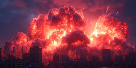explosions erupt in city, with fiery clouds, glowing embers. Generative AIの素材