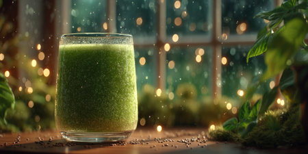 Green juice with chia seeds and light bouncing through it from the window. Generative AIの素材