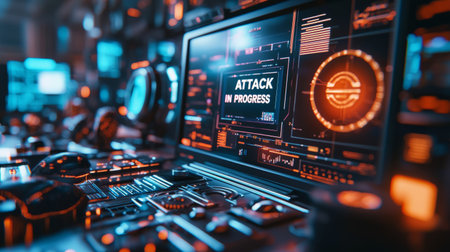 hacked computer system with a bold warning message ATTACK IN PROGRESS on the screen. Generative AIの素材