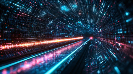 Glitchy futuristic tunnel made of data particles and neon light trails. Generative AIの素材