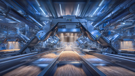 Massive grain sorting and packaging machines operating in an agricultural processing plant. Generative AIの素材