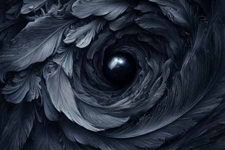 Feathery textures form a soft swirl with a lustrous black pearl at the center. Generative AIの素材