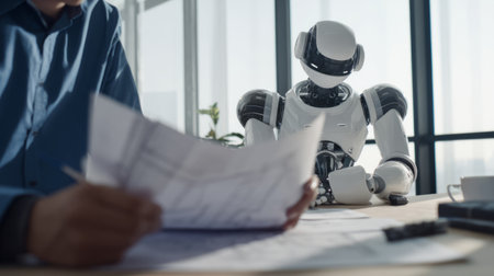 AI-powered robot assistant helping a human engineer with mechanical blueprint on desk. Generative AIの素材