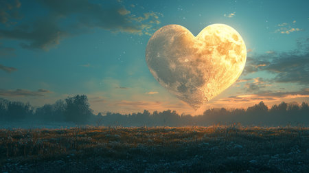 Massive heart-shaped moon glowing softly over a romantic landscape. Generative AIの素材