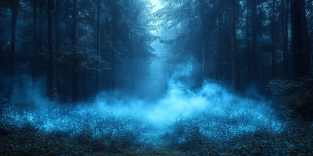 Dark enchanted forest with glowing blue mist, eerie Walpurgis Night atmosphere. Generative AIの素材