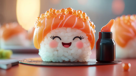 Kawaii sushi roll with blushing cheeks, waving a tiny soy sauce bottle, cute and playful style. Generative AIの素材