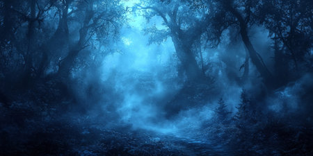 Dark enchanted forest with glowing blue mist, eerie Walpurgis Night atmosphere. Generative AIの素材