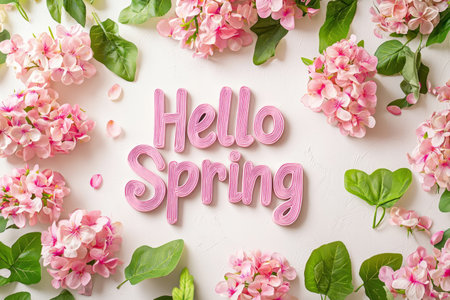 Hello Spring text in soft pastel colors with a minimalist floral background. Generative AIの素材