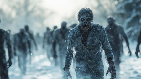 Frozen zombies trudging through a blizzard. Generative AIの素材